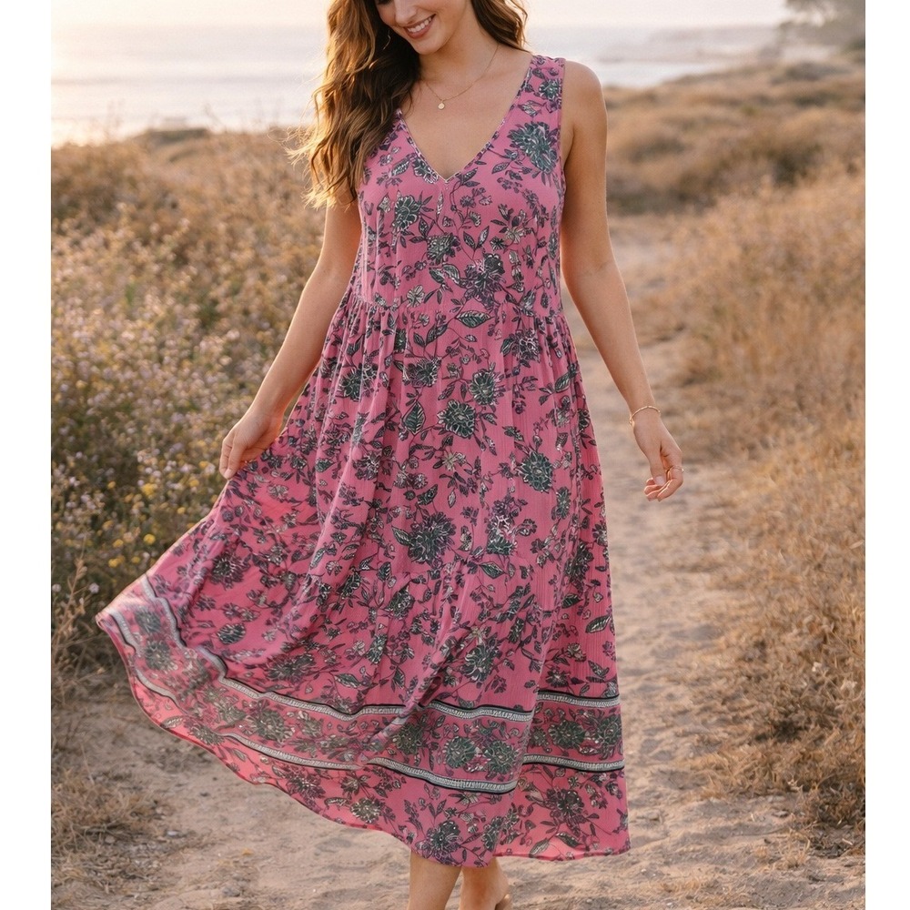 J. Jill Pink Floral Boho Midi Dress Sleeveless V Neck Flowy Summer Dress Size L